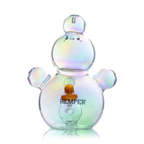 Rear view of Hemper Bubble XL iridescent bong with rounded side bubbles, Hemper branding and a yellow duck
