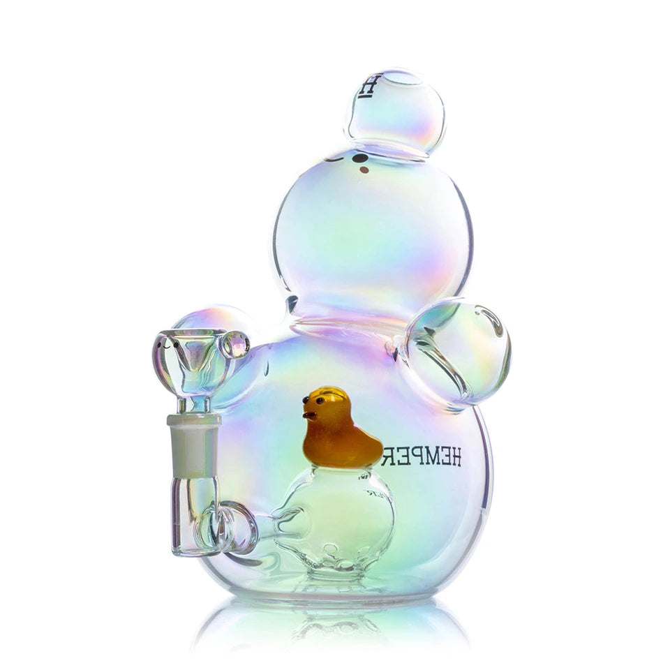 Three-quarter view of Hemper Bubble XL bong with a smiling Bubble bowl, iridescent body and yellow duck inside