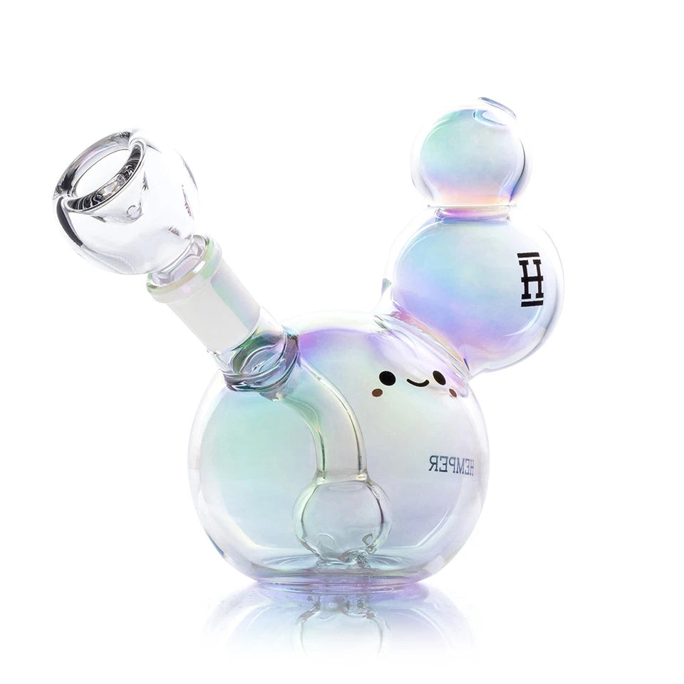 Angled view of Hemper Bubble glass bong showing rainbow reflections and the round percolator inside