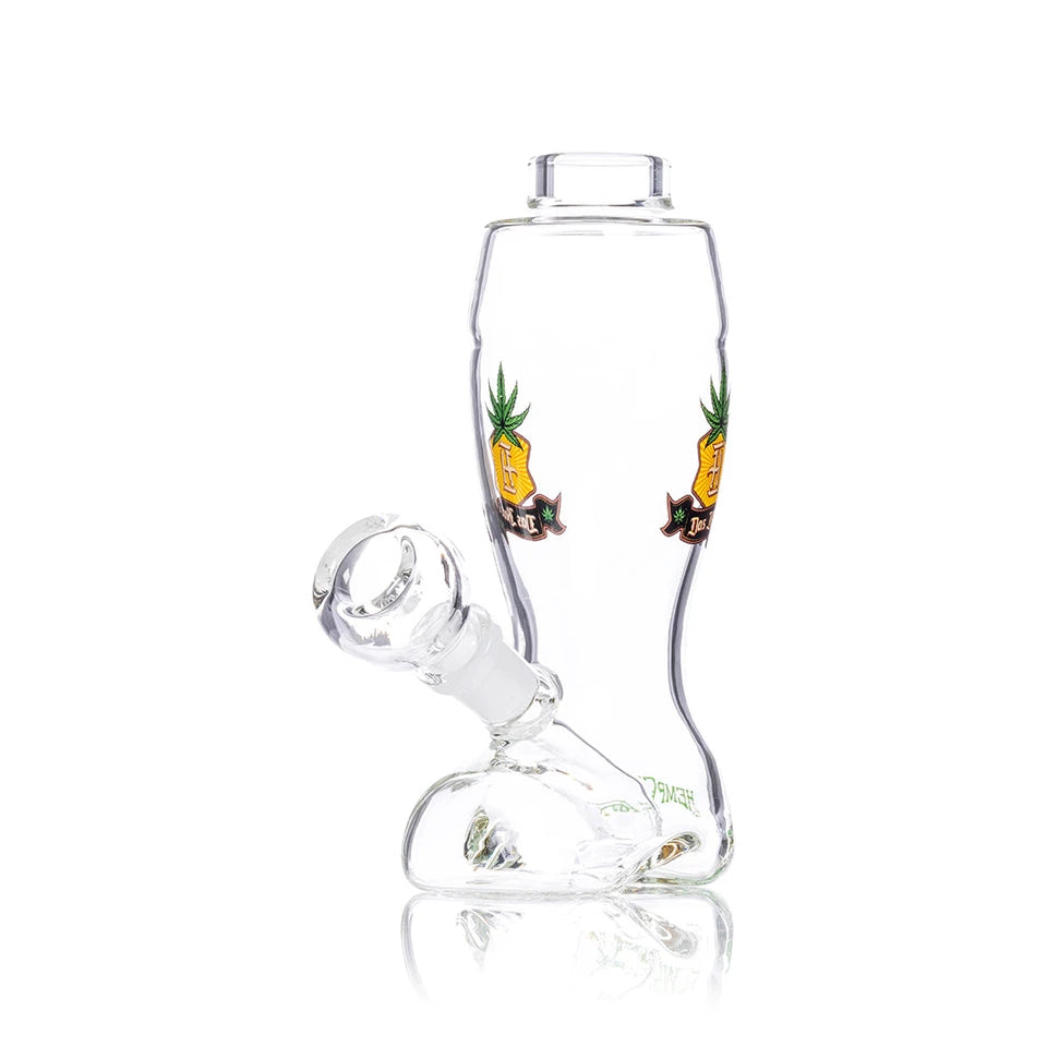 Angled view of Hemper Das Boot glass bong with a rounded toe, raised mouthpiece and clear bowl above the foot