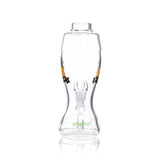 Rear view of Hemper Das Boot clear glass bong showing green Hemper lettering and the diagonal internal downstem