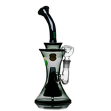 Angled view of Hemper Cosmic XL glass bong with a dark hourglass body, curved black neck and clear bowl