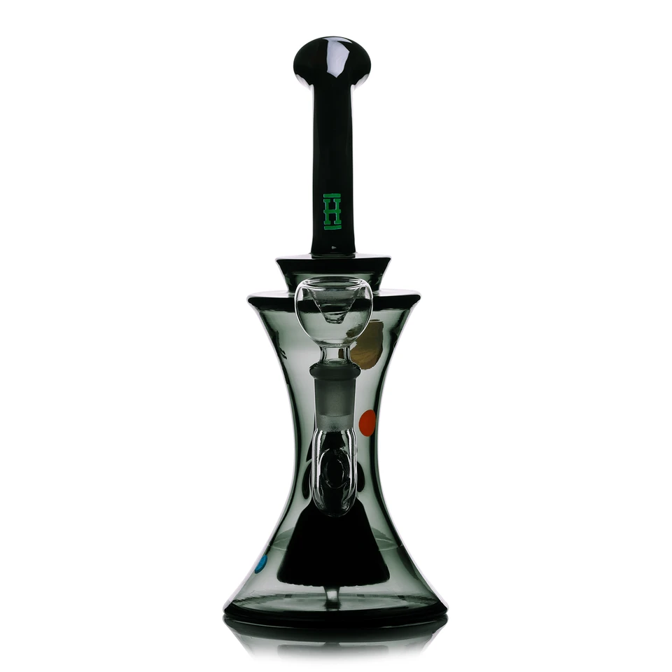Front view of Hemper Cosmic XL glass bong with a clear bowl, flared dark base and green H logo on the neck