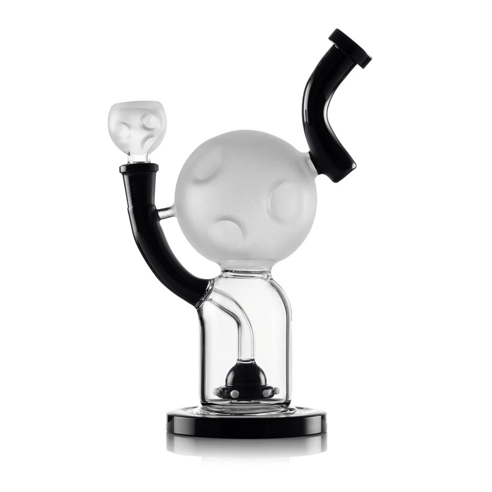 Side view of Hemper Moon XL glass bong with a frosted cratered moon, curved black neck and matching bowl