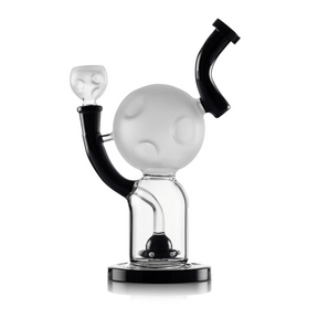 Side view of Hemper Moon XL glass bong with a frosted cratered moon, curved black neck and matching bowl