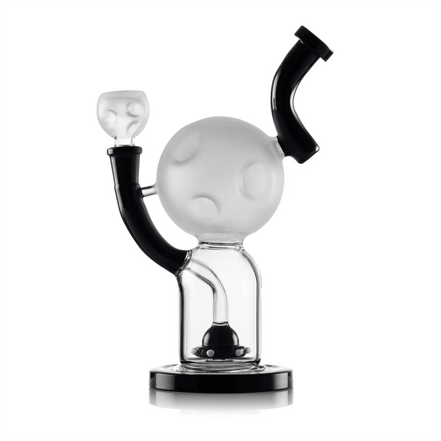 Side view of Hemper Moon XL glass bong with a frosted cratered moon, curved black neck and matching bowl