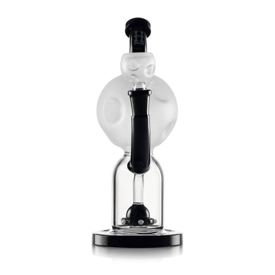 Front view of Hemper Moon XL glass bong showing its moon-textured bowl, black connection and clear lower chamber