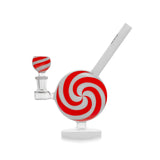Side view of Hemper Jollypop bong showing its peppermint swirl chamber, angled white mouthpiece and striped bowl