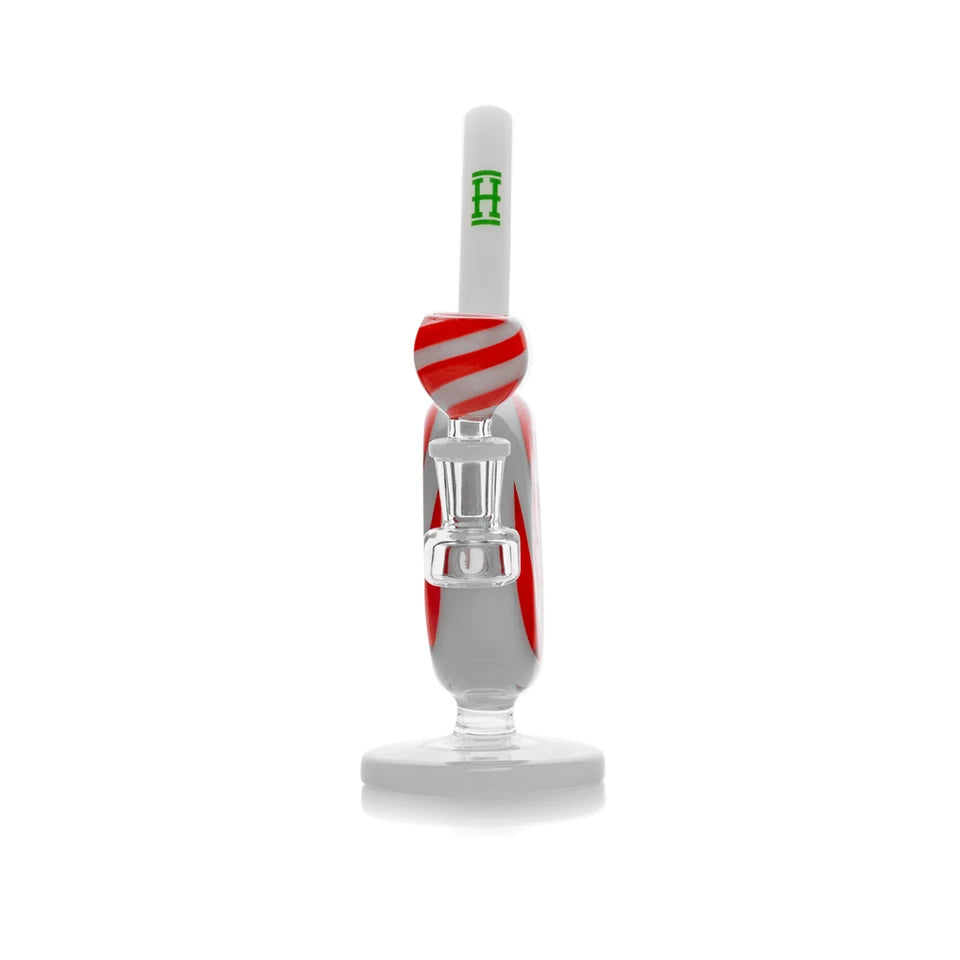 Bowl-end view of Hemper Jollypop bong showing its narrow round chamber, striped bowl and green H logo