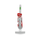 Bowl-end view of Hemper Jollypop bong showing its narrow round chamber, striped bowl and green H logo