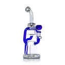 Angled view of Hemper Cyberpunk XL recycler bong with blue tubing, clear chambers and a matching blue bowl