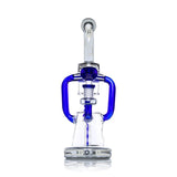 Front view of blue Hemper Cyberpunk XL recycler bong showing looping side tubes, matching bowl and round base