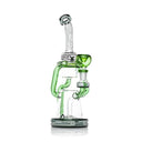 Angled view of Hemper Cyberpunk XL recycler bong with green tubing, matching green bowl and curved clear neck