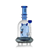 Angled view of blue Hemper Space Monster XL bong with a clear dome, matching bowl and UFO-shaped base