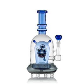 Blue Hemper Space Monster XL bong showing a three-eyed monster perc with antennae, pointed teeth and a tongue