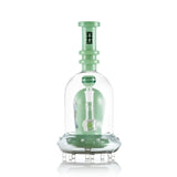 Bowl-end view of green Hemper Space Monster XL glass bong with a matching neck and clear feet beneath the base