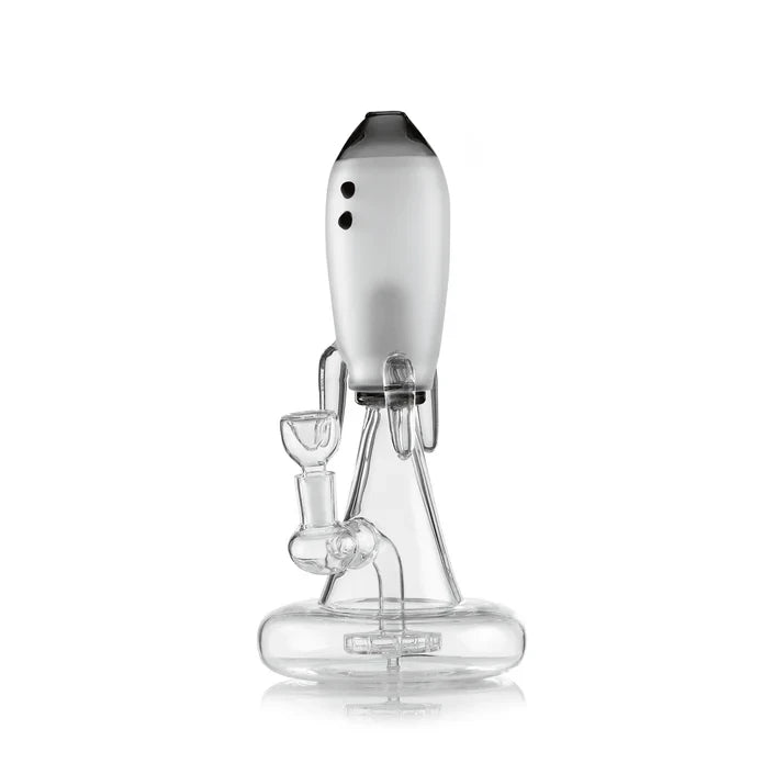 Angled view of black Hemper Blast Off Rocket XL bong showing its pointed nose, frosted body and clear base