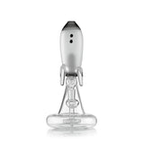 Front view of black Hemper Blast Off Rocket XL glass bong with two portholes and a clear bowl below the rocket