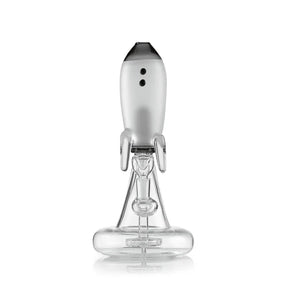 Front view of black Hemper Blast Off Rocket XL glass bong with two portholes and a clear bowl below the rocket