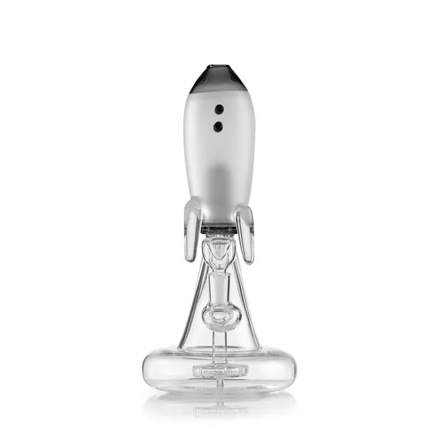 Front view of black Hemper Blast Off Rocket XL glass bong with two portholes and a clear bowl below the rocket
