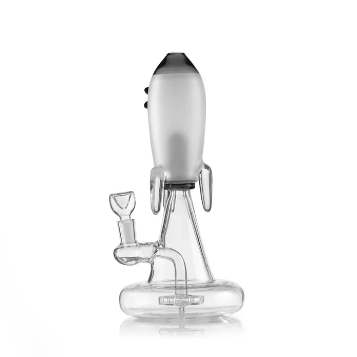 Side view of black Hemper Blast Off Rocket XL bong showing clear fins and a showerhead perc in the lower chamber