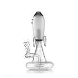 Side view of black Hemper Blast Off Rocket XL bong showing clear fins and a showerhead perc in the lower chamber