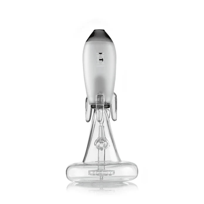 Rear view of black Hemper Blast Off Rocket XL glass bong showing its frosted chamber, clear fins and wide base