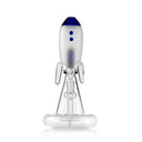 Front view of blue Hemper Blast Off Rocket XL bong with a frosted rocket chamber, clear fins and glass bowl