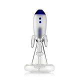 Front view of blue Hemper Blast Off Rocket XL bong with a frosted rocket chamber, clear fins and glass bowl