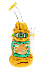 Yellow 6B Glass cyclops bong with oversized green eye, tooth-lined mouth, honeycomb perc, and clear bent neck.