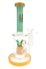 6B Glass pineapple perc bong with mint-green neck, yellow base and mouthpiece accents, and clear handled bowl.