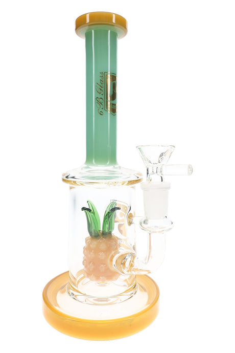 6B Glass pineapple perc bong with mint-green neck, yellow base and mouthpiece accents, and clear handled bowl.
