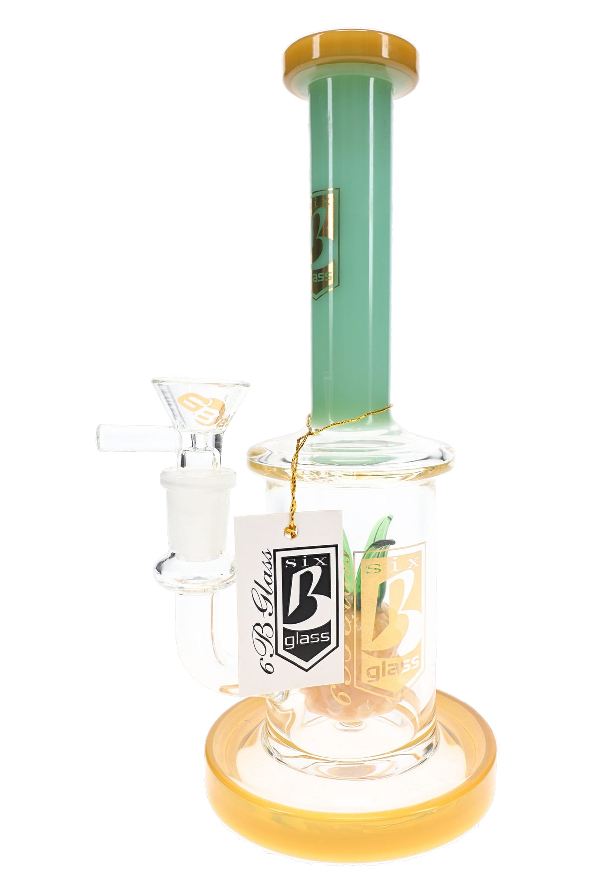 Alternate view of 6B Glass pineapple bong with mint-green neck, clear chamber, yellow base, and brand tag.