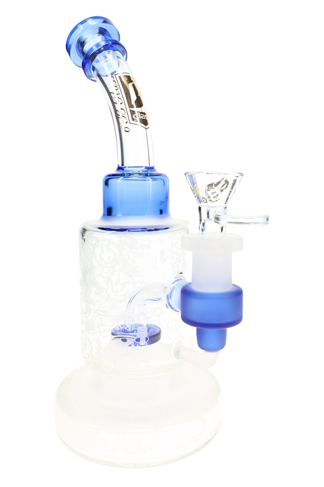 6B Glass frosted graphic bong with blue accents, bent neck, showerhead perc, circular base, and clear handled bowl.