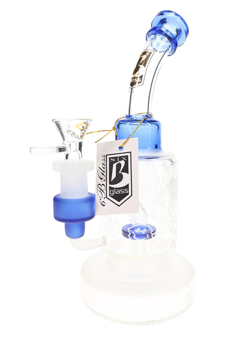 Alternate view of blue-accented 6B Glass bong with frosted graphics, curved neck, clear bowl, and brand tag.