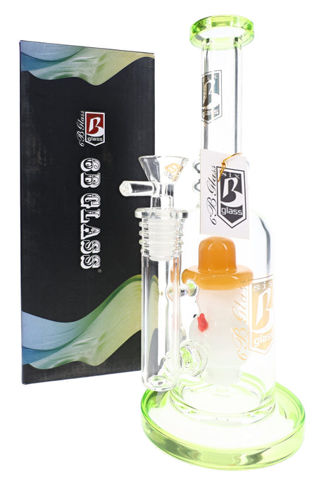 6B Glass snowman perc bong with lime-green mouthpiece and base, clear handled bowl, brand tag, and branded box.