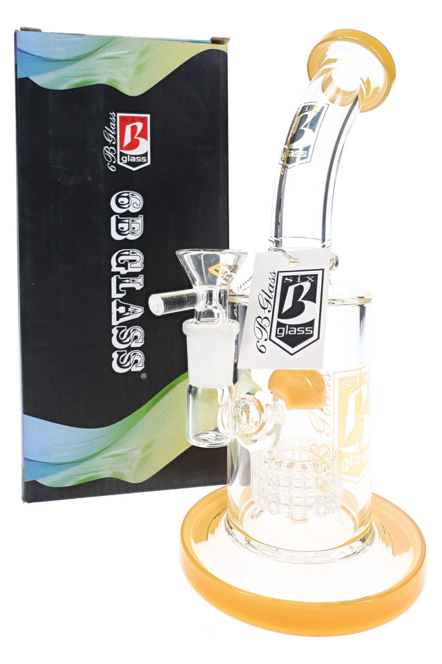 6B Glass dome matrix perc bong with yellow accents, bent neck, clear handled bowl, brand tag, and branded box.