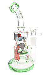 6B Glass decal bong with green accents, curved mouthpiece, honeycomb percolator, and handled glass bowl.