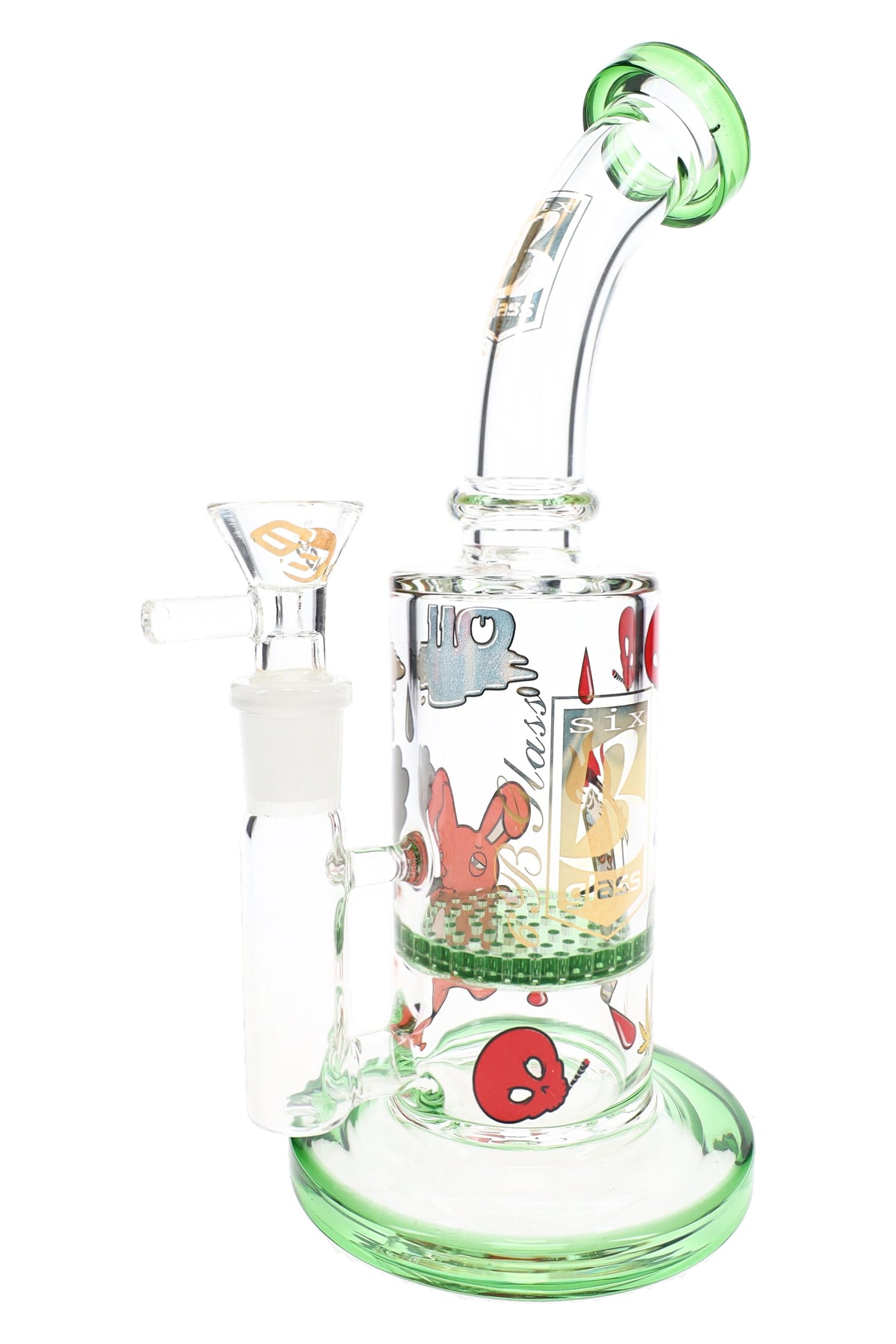 Reverse view of 6B Glass bong with character decals, gold branding, green honeycomb perc, and glass bowl.