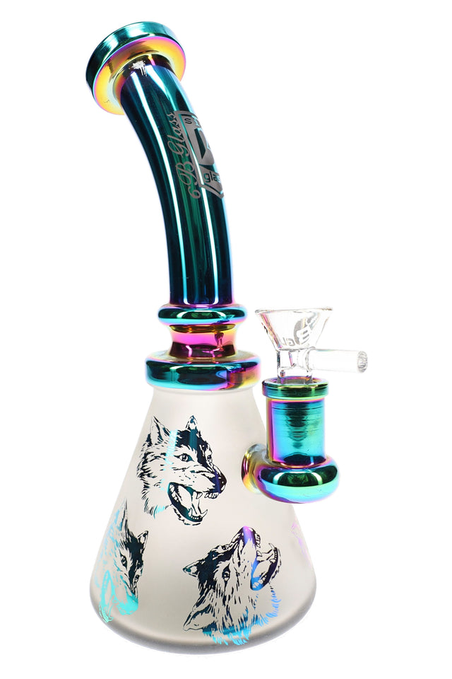 6B Glass frosted wolf beaker bong with rainbow metallic accents, curved neck, and clear handled glass bowl.