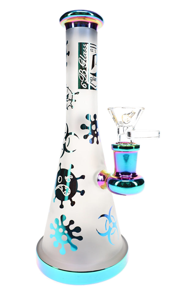 6B Glass frosted beaker bong with metallic biohazard symbols, cartoon germ graphics, and handled glass bowl.