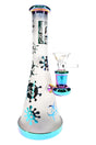 6B Glass frosted beaker bong with metallic biohazard symbols, cartoon germ graphics, and handled glass bowl.