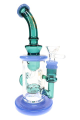 6B Glass recycler bong with teal and blue accents, clear chamber, showerhead perc, curved neck, and glass bowl.