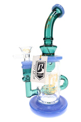 Reverse view of teal and blue 6B Glass recycler bong showing the external loop, gold branding, and glass bowl.