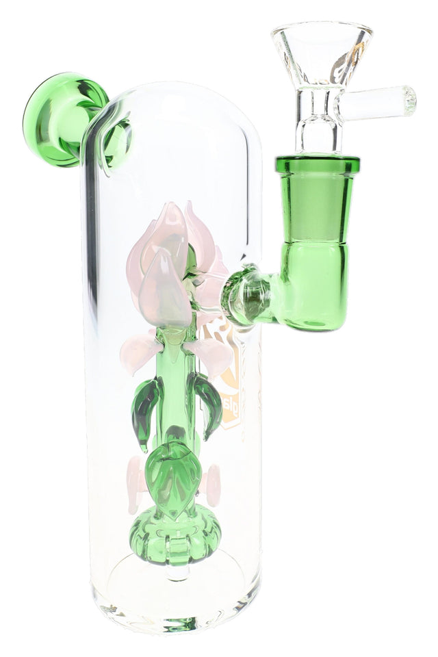 Clear 6B Glass rose chamber bong with pink petals, green leaves, angled mouthpiece, and handled glass bowl.