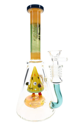 6B Glass beaker bong with a yellow pizza-shaped character, amber showerhead perc, teal side tube, and glass bowl.