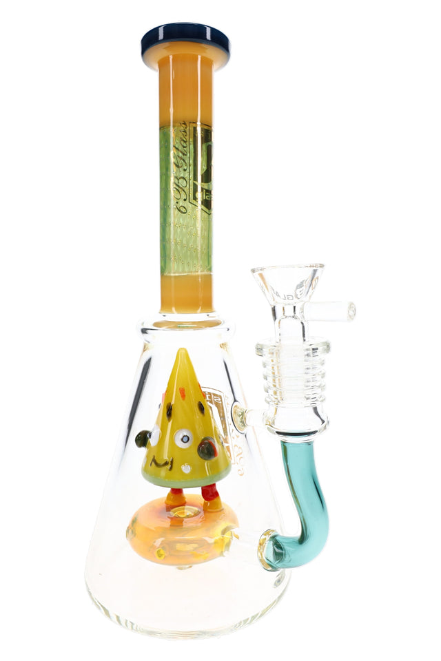 6B Glass beaker bong with a yellow pizza-shaped character, amber showerhead perc, teal side tube, and glass bowl.