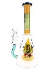 Reverse view of 6B Glass character beaker bong showing gold branding, bubble-detailed neck, and teal side tube.