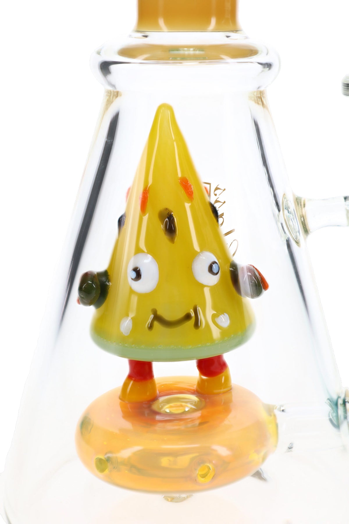 Close-up of the smiling yellow glass character with raised eyes and tiny legs above the amber showerhead perc.