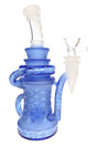 Blue 6B Glass frosted recycler bong with repeating patterns, glossy bands, curved neck, and clear glass bowl.